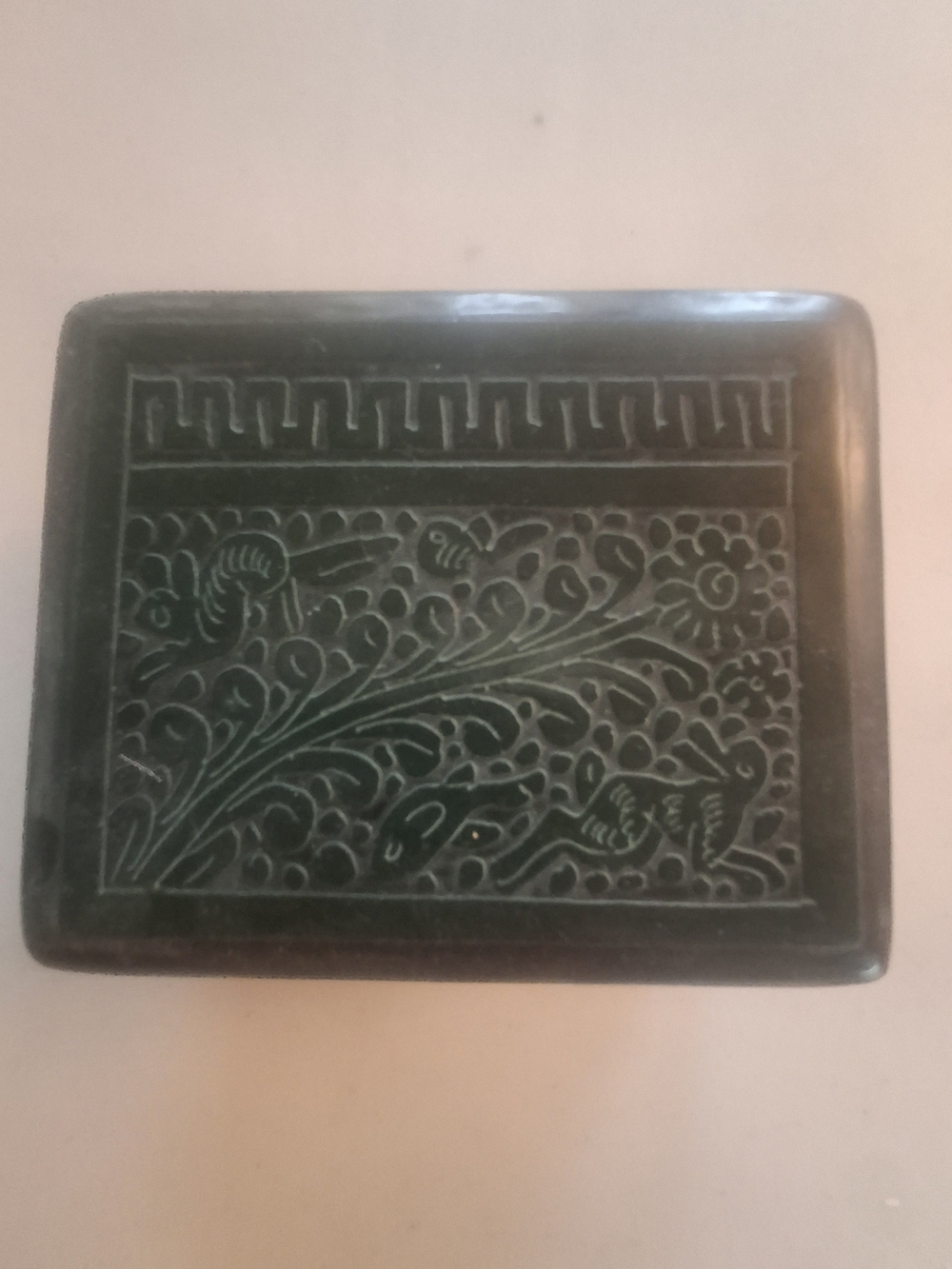 Decorative Carved Stone Trinket Dish - Dark Green